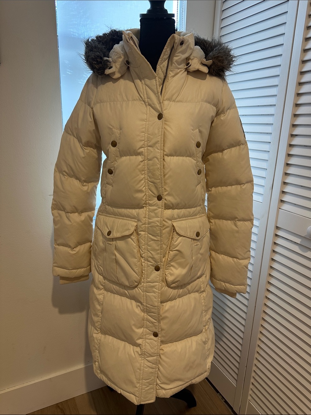 Polo by Ralph Lauren Cream Long Puffer Coat with Faux Fur Hood
